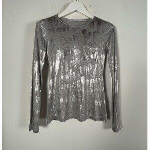 Dallin Chase Womens Gray Metallic Silver Print Long Sleeve Top Crew Neck Shimmer